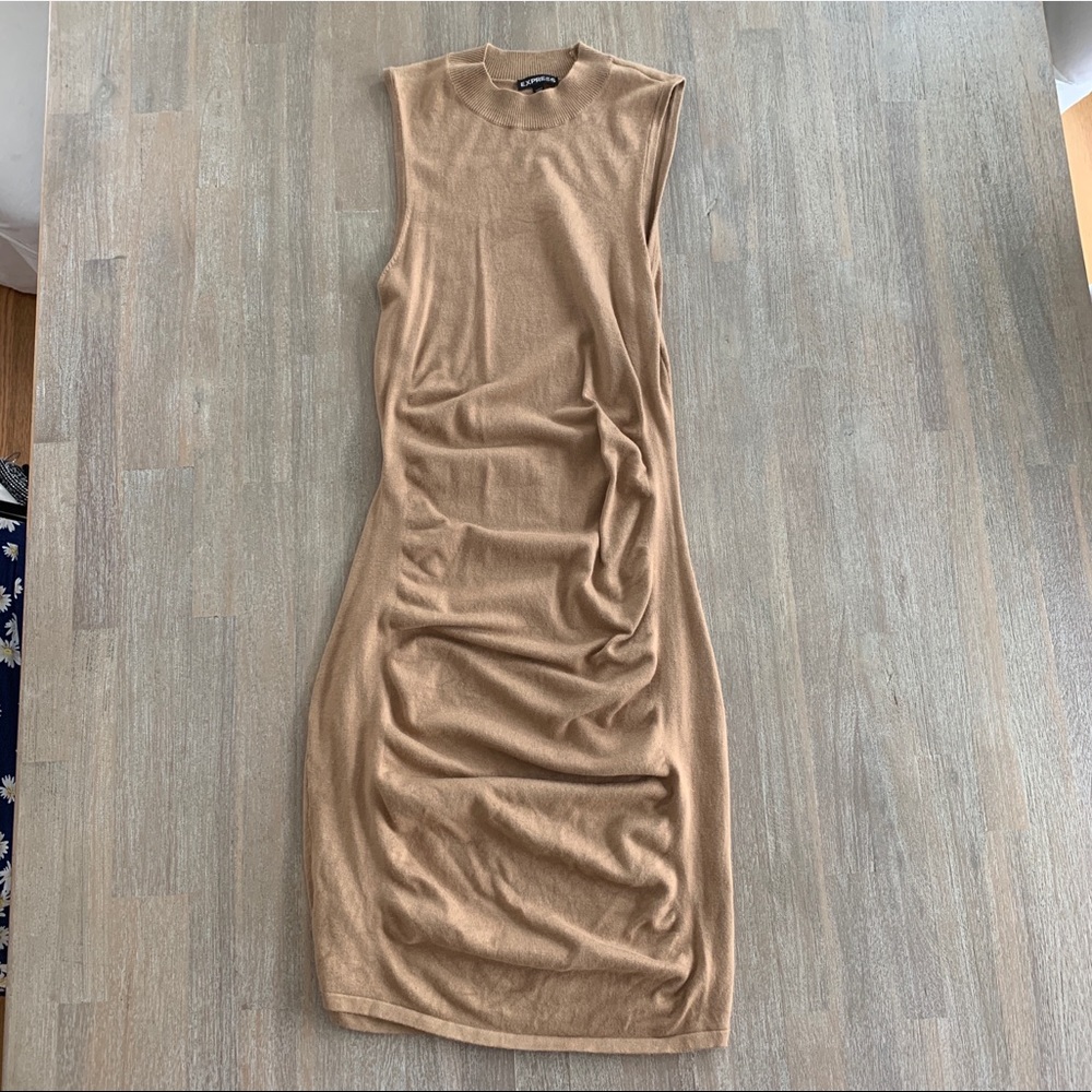 Tan Express Ruched Pencil Midi Dress